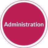 A circular magenta design icon is contrasted with Administration in white bold type lettering, representing d3h Hotel Inc.'s administrative departments.