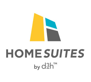 The corporate logo and slogan of Home Suites by d3h is in heavy black typeset contrasted against a white background.  A brown outline of a house, filled in with green color is included as part of the logo design.