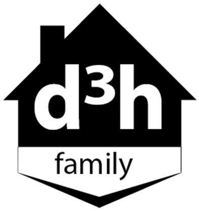 A black and white logo of the d3h family of employees, represented by a black silhouette of a house with a triangular roof and protruding chimney.  