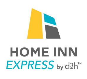 The Home Inn Express logo presents the brand name HOME INN in heavy bold black lettering, with express in thin lime green typeset. The logo also includes a black outline of a house icon, filled in with green coloring.