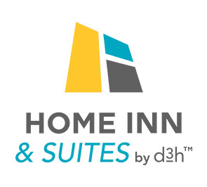 The Home Inn & Suites logo features the corporate name in black bold lettering contrasted against a white background and a house shaped chartreuse green icon, outlined in brown.