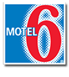 The blue background of the Motel 6 logo provides a strong contrast to the number 6 in bold red lettering with white outline, while Motel is presented in white typeset.