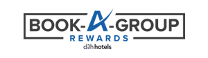 The d3h hotels Rewards Program logo presents a black rectangular border drawn around the slogan Book - A - Group Rewards (in black and green letter typeset), while the corporate identity, by d3h hotels in black typeset is placed beneath.