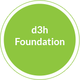 A circular citrus green design element is contrasted with d3h foundation in bold white lettering, represents d3h Hotel Inc.'s multiple departments that make up the corporate structure.